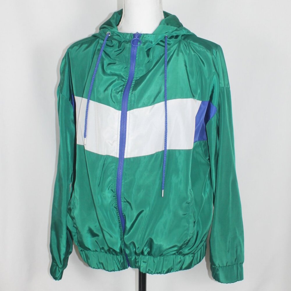 URBAN RETRO Dark Green Wind Breaker Jacket Size XL Full Zip Hoodie Lined Pockets